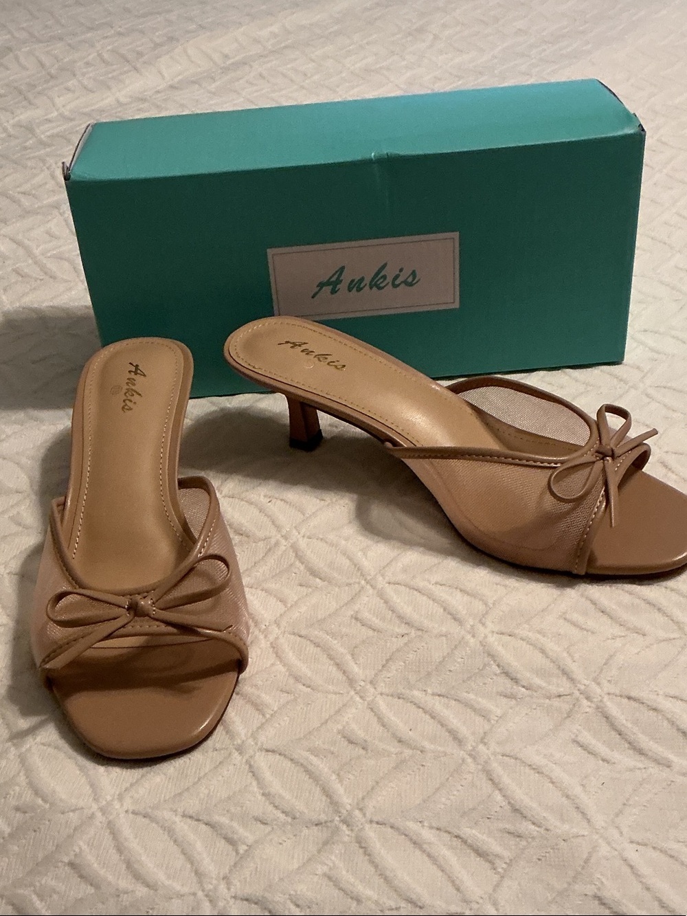 Ankis Sz 7.5 Nude Nubuck Slide Sandals 2” Heel New in Box